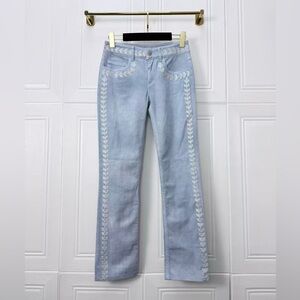 Authentic CHANEL Light Blue Straight Leg Jeans with White Embroidery